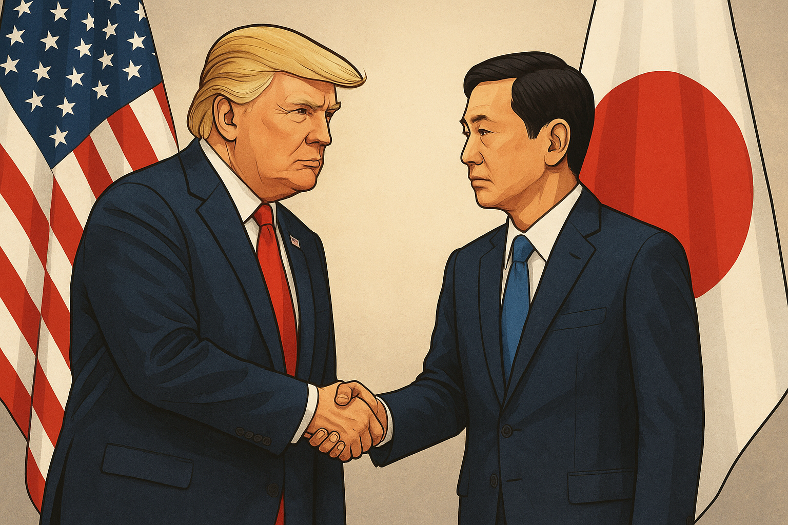 Illustration of Donald Trump shaking hands with a Japanese official, with U.S. and Japanese flags in the background