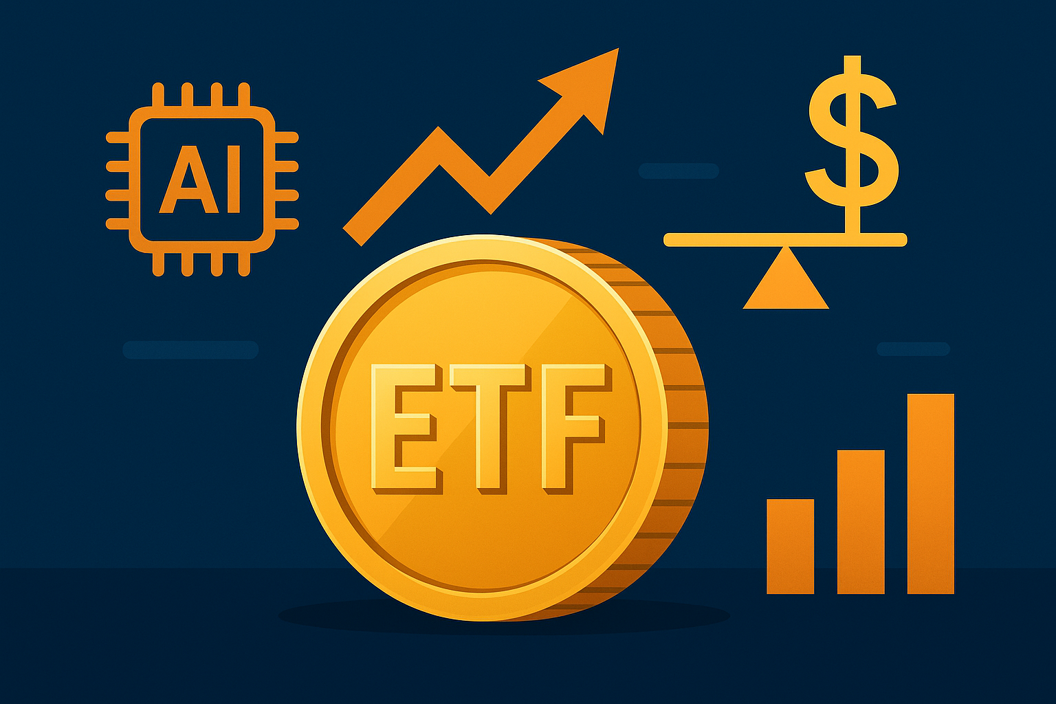 Digital illustration showing a gold ETF coin surrounded by AI chip icon, upward arrow, dollar balance scale, and rising bar chart on a dark blue background.