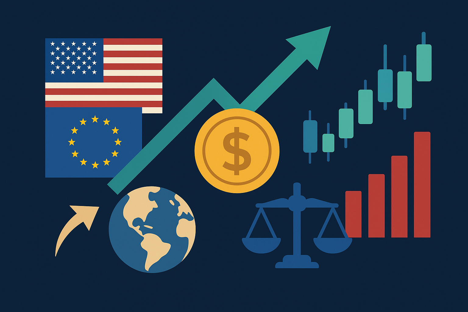 Illustration depicting global economic growth with symbols of finance, stock markets, U.S. and EU flags, a globe, and financial charts.