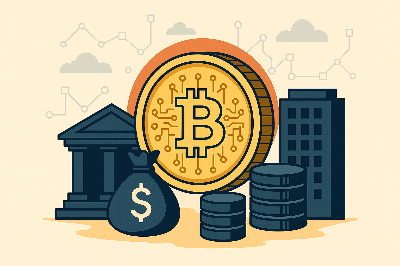 Illustration of a Bitcoin coin surrounded by a traditional bank building, stacked coins, a money bag, and a corporate office, symbolizing the convergence of blockchain and traditional finance.