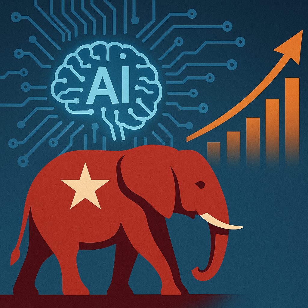 Illustration of a red Republican elephant with a white star against a digital AI circuit background, with an upward-trending stock market chart.