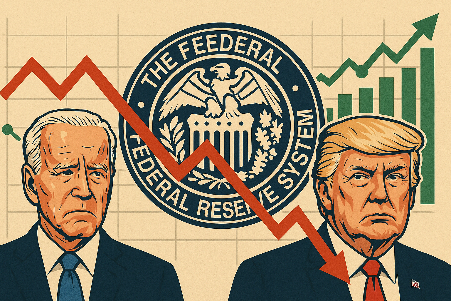 Illustration showing President Biden and former President Trump flanking the Federal Reserve seal, with red and green financial trend arrows in the background.