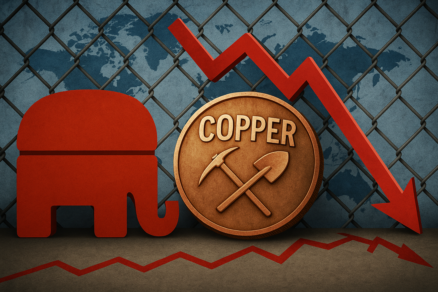 A copper coin with mining symbols sits between a downward red arrow and a red elephant, with a global map behind a chain-link fence in the background.