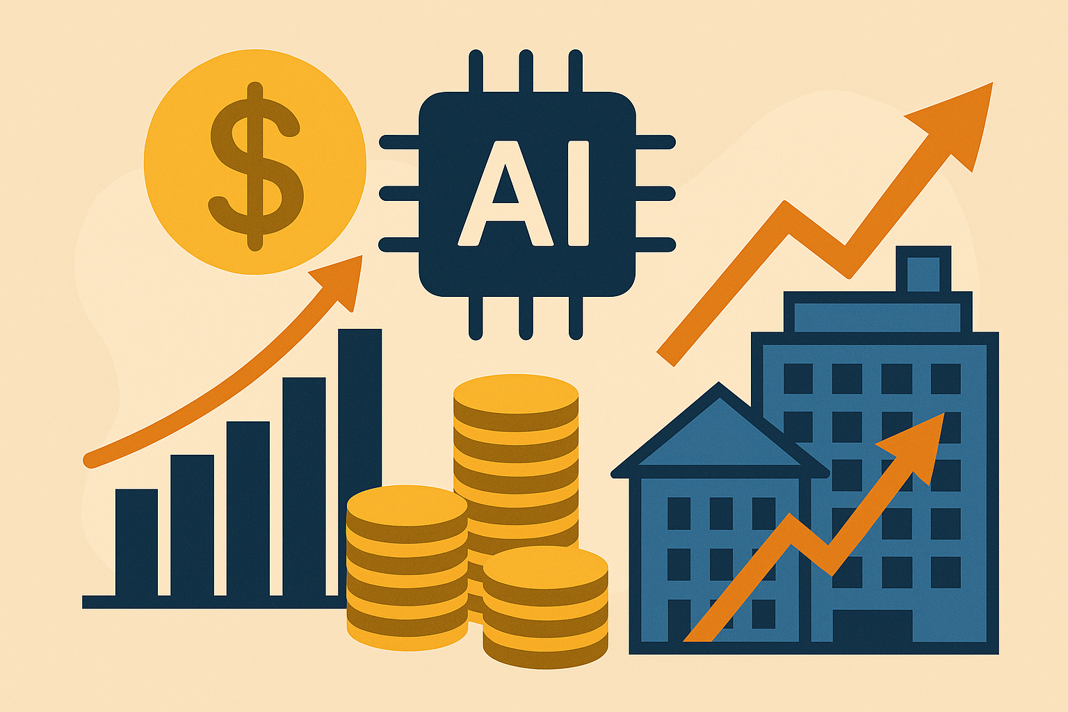Illustration of AI chip, dollar sign, ascending charts, coin stacks, and buildings symbolizing financial and real estate sectors embracing artificial intelligence.