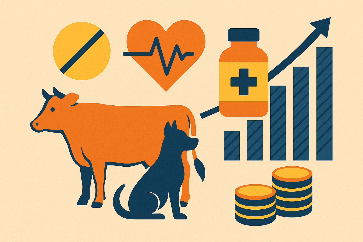 Flat-style illustration featuring a cow and dog, a heart with an EKG line, a medicine bottle, a pill, bar chart, and coin stacks—representing the animal health and veterinary pharmaceutical industry.