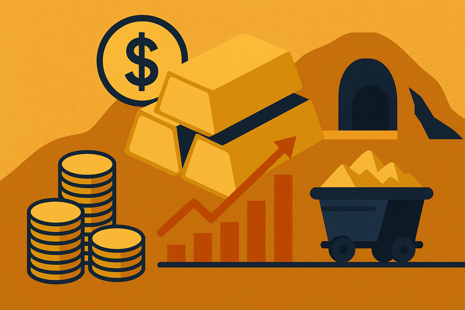 Vector-style image of gold bars, stacked coins, a rising bar chart, a mine tunnel, and a mining cart full of gold, symbolizing the surge in gold prices and investor interest in mining stocks.