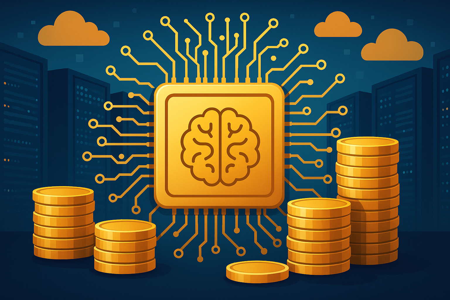 Illustration of a golden AI microchip with a brain icon, connected to glowing circuits and surrounded by gold coins, set against a server room background.