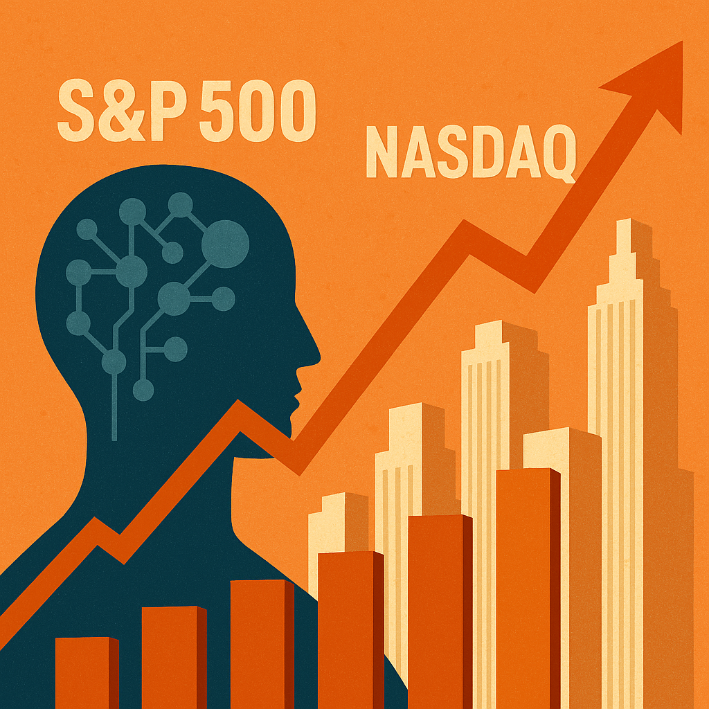 Illustration of a human head with circuit-like AI design, rising stock bars, and upward arrow set against a retro city skyline.