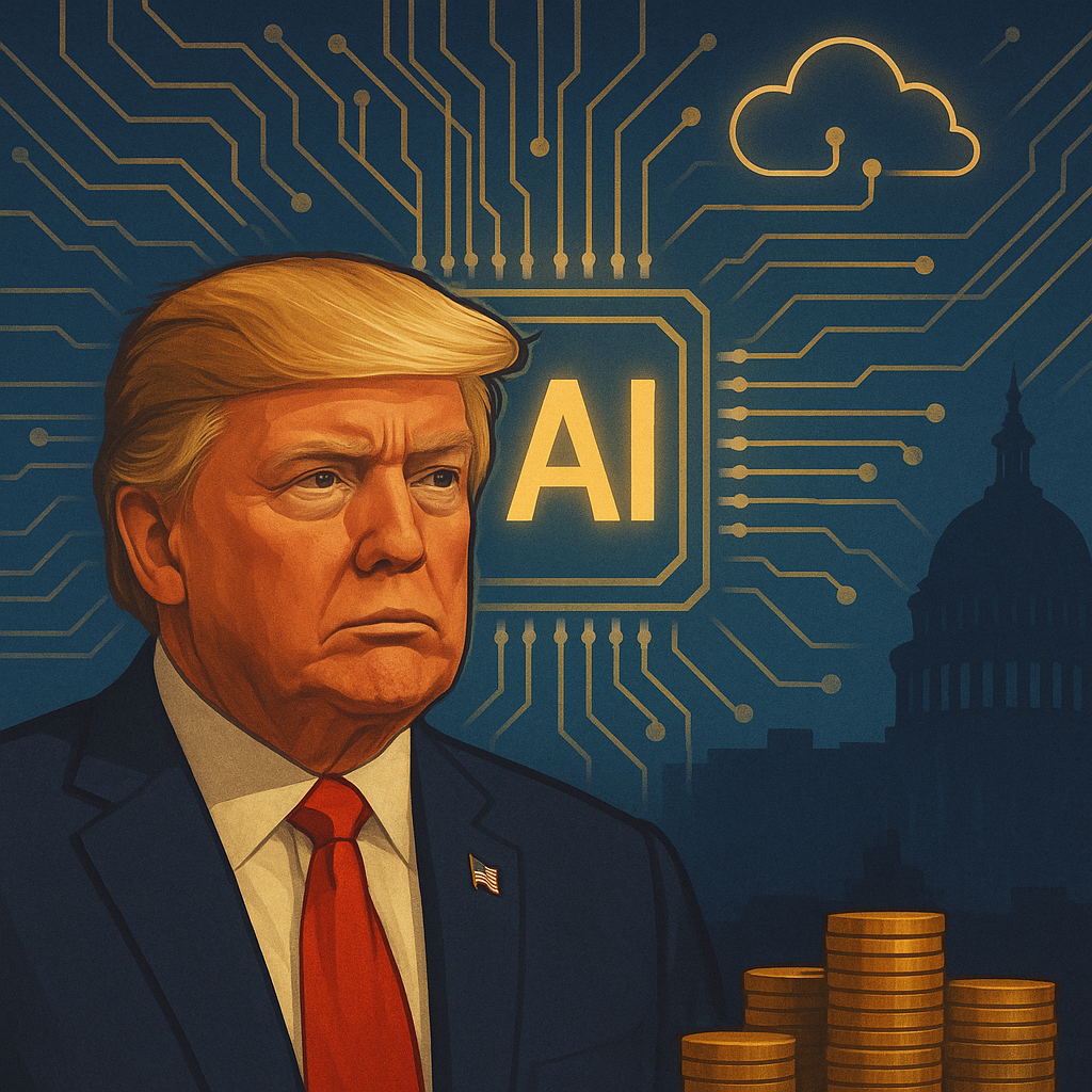 Digital illustration of Donald Trump in front of glowing AI circuitry and the U.S. Capitol, with cloud icons and gold coins symbolizing tech investment and policy influence.