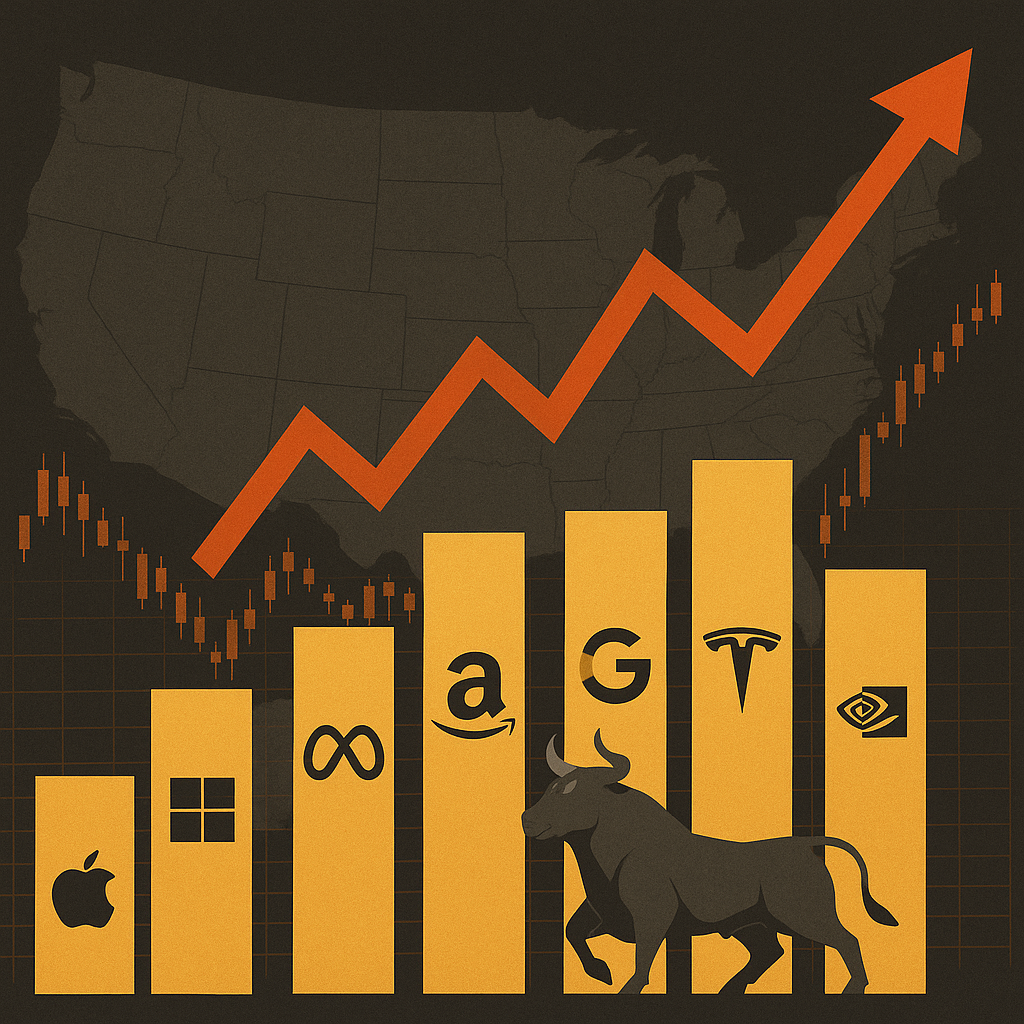 Illustration of bar graphs with tech company logos, a red upward market trend line, a bull silhouette, and a U.S. map in the background.