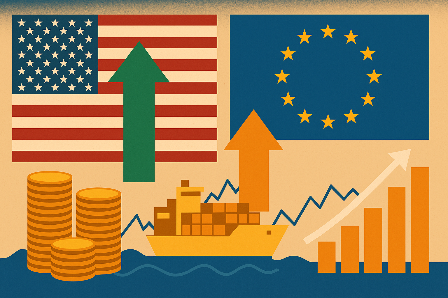 Illustration of U.S. and EU flags with arrows, coins, cargo ship, and upward-trending chart symbolizing trade growth and investment flow.