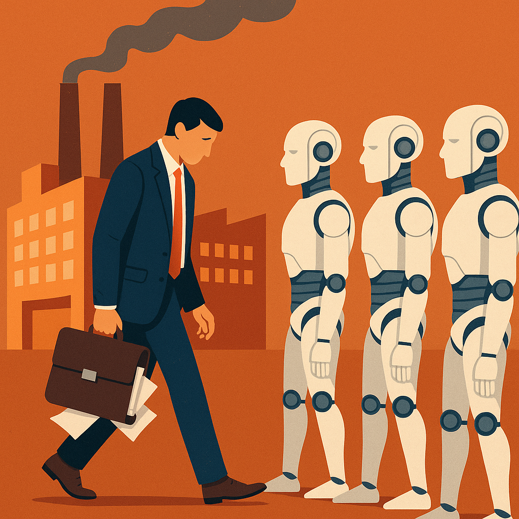 Illustration of a businessman with a briefcase walking away from a factory, facing a row of humanoid robots.