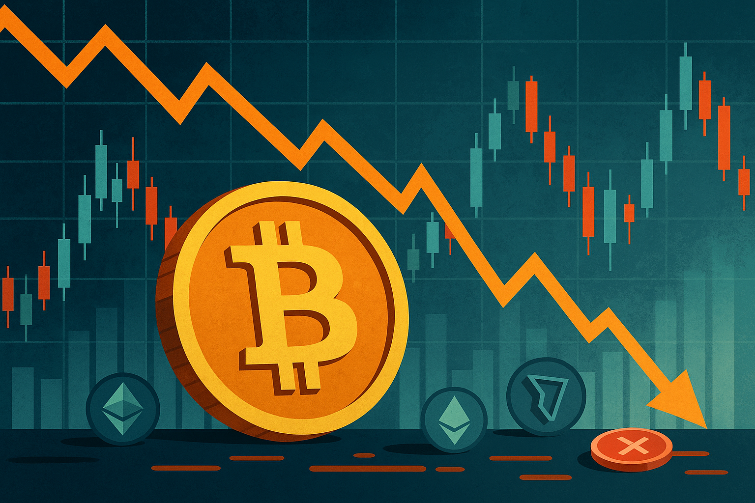 Illustration of a large Bitcoin symbol with a downward market chart and altcoin symbols in a volatile crypto-themed background.