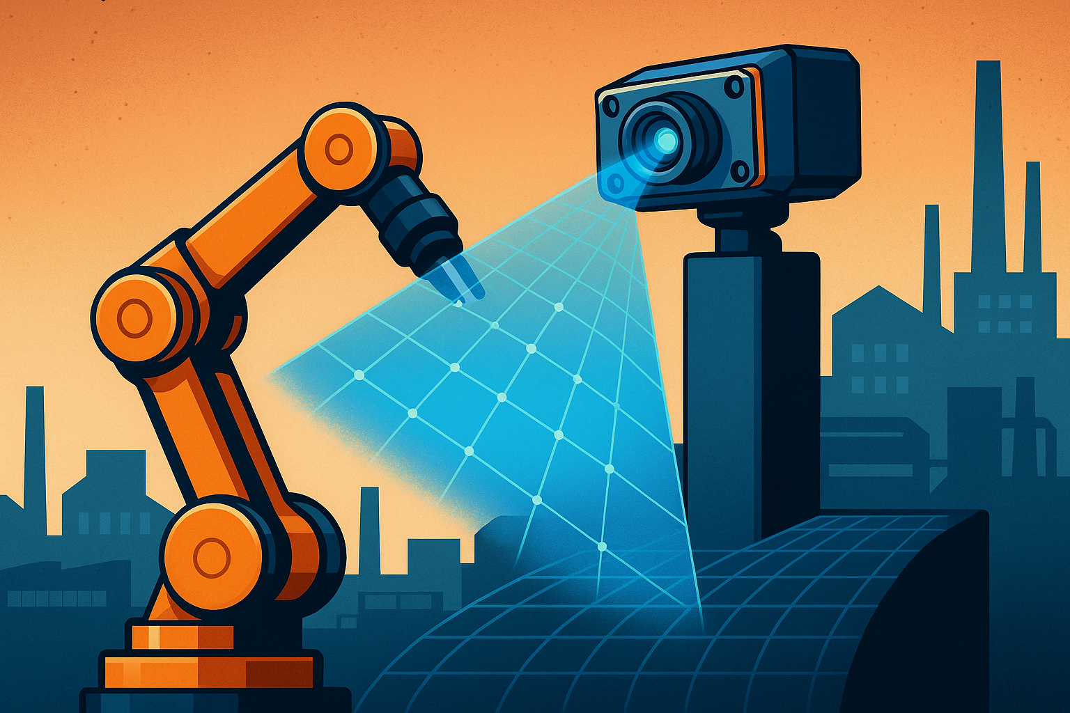 A futuristic robotic assembly line illuminated with digital light patterns representing 4D vision and AI automation