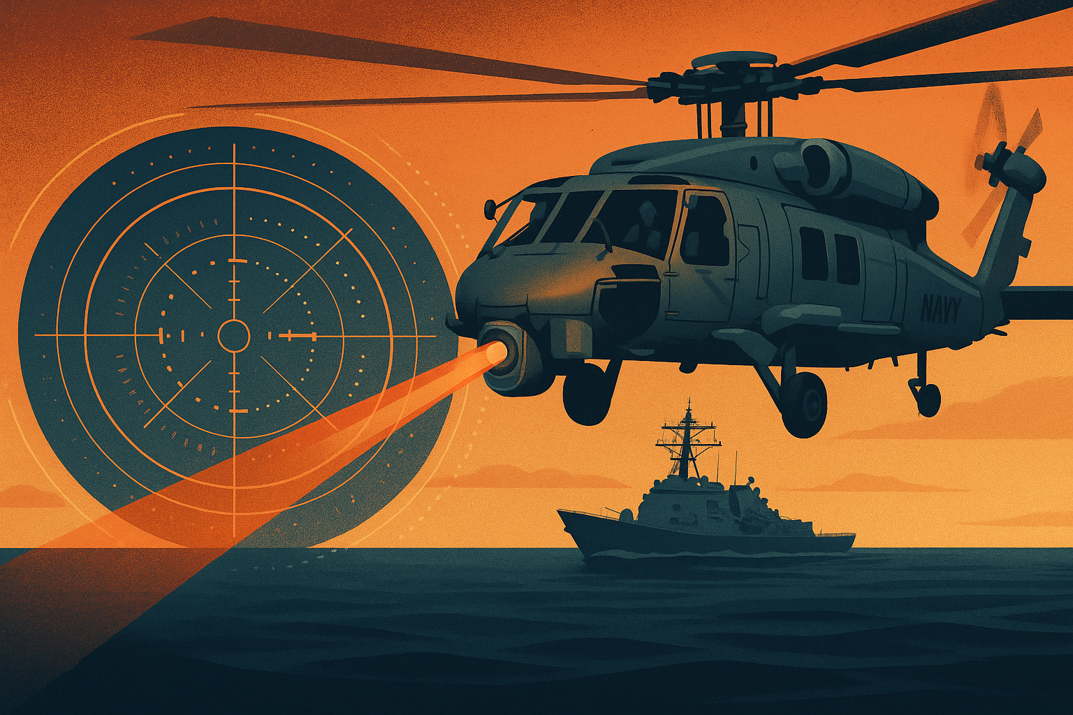 A futuristic naval helicopter equipped with high-tech targeting sensors flying over an open sea under a cloudy sky