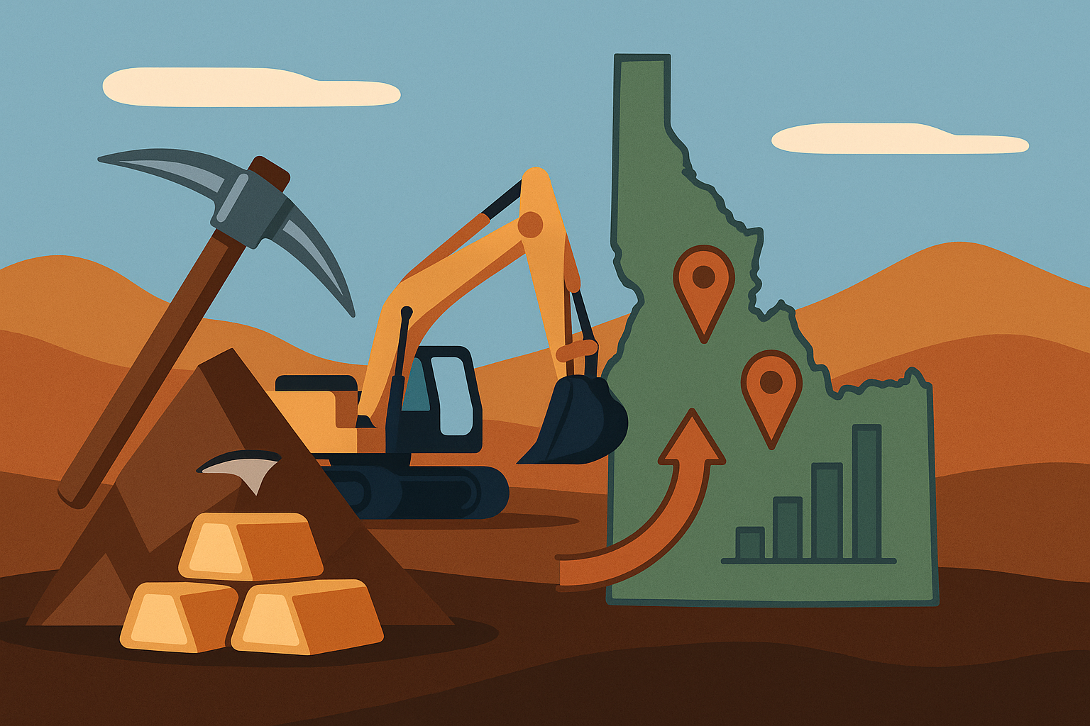 2D flat-style illustration showing a copper mining scene with a pickaxe, gold bars, an excavator, and a green map of Idaho marked with location pins and a rising graph.