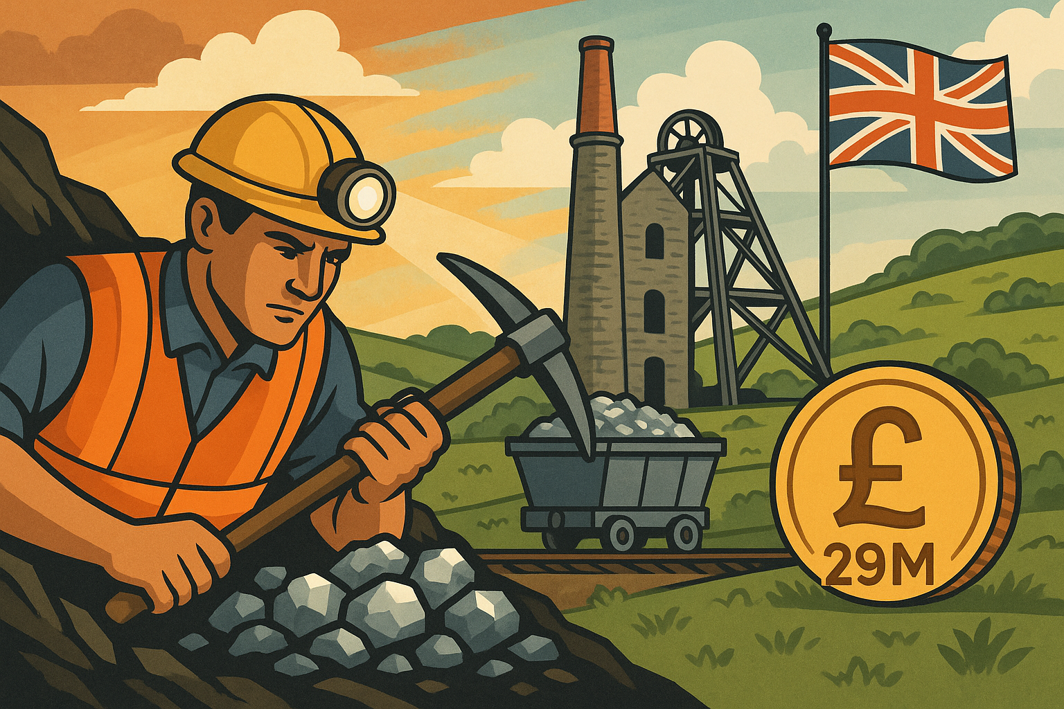 Illustration of a Cornish tin miner working with a pickaxe, with a historic mining structure, a minecart filled with tin ore, a Union Jack flag, and a large gold coin marked "£29M" in the background.