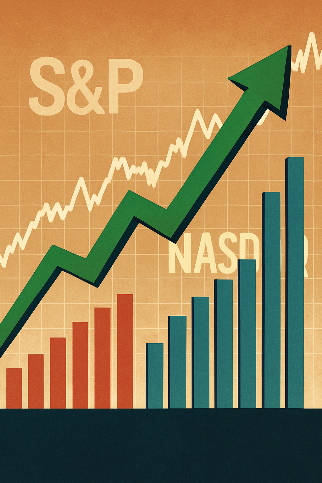 An illustrated upward green arrow cutting across red and blue bar graphs labeled S&P and Nasdaq, symbolizing stock market growth.