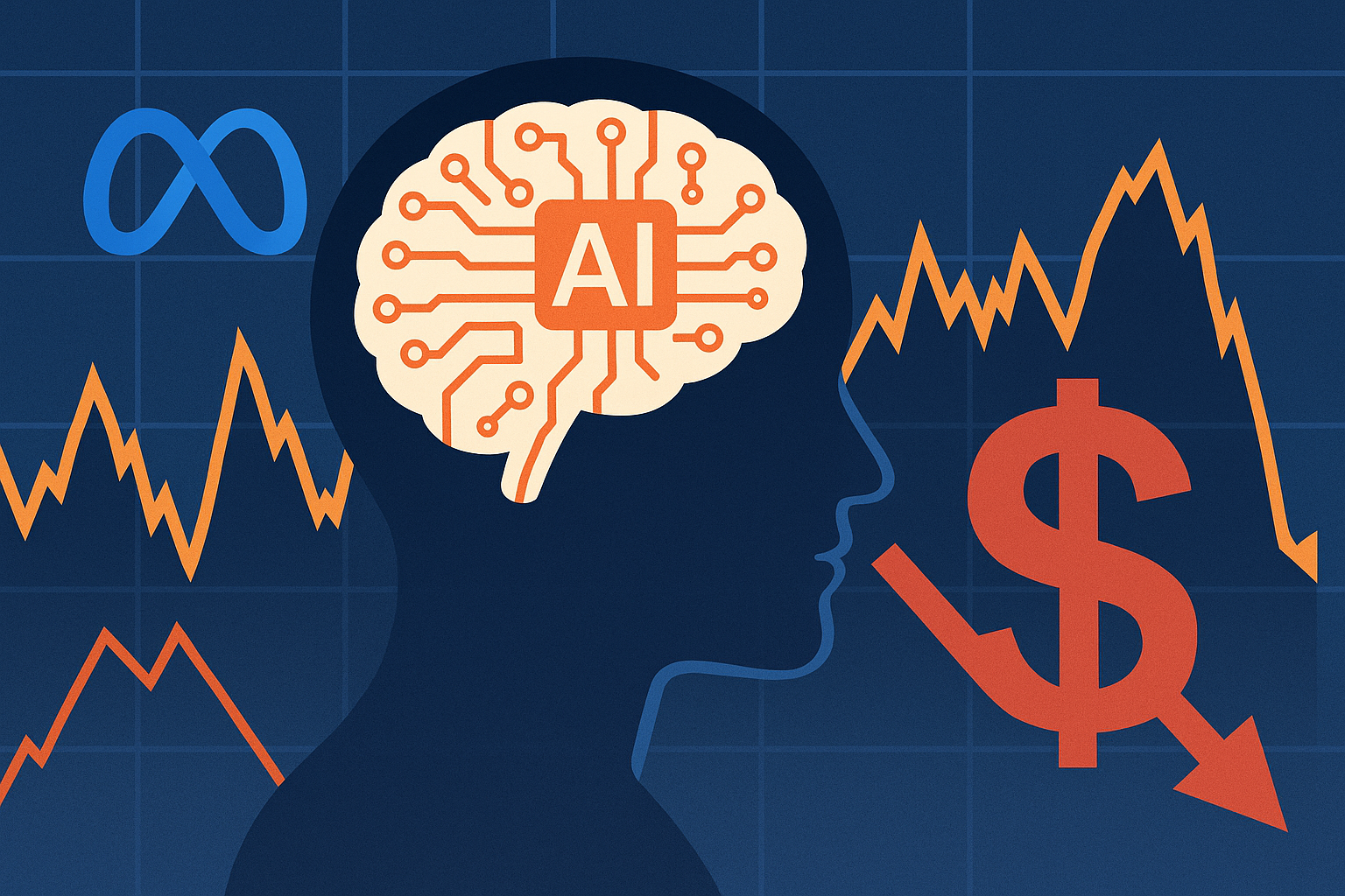 Illustration of a human head with a circuit-brain labeled “AI,” Meta logo, dollar sign, and fluctuating stock chart background.