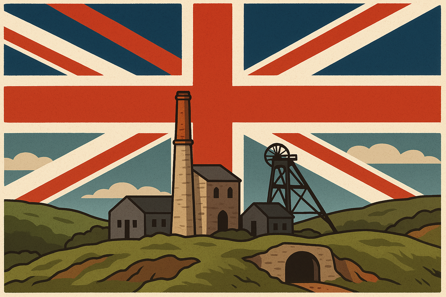 Illustrated scene of a traditional Cornish tin mine set against the Union Jack, with historic mine structures, chimney, headframe, and rolling green hills.