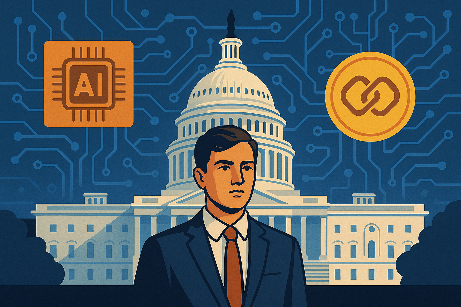 Illustration of a young man in a suit standing in front of the U.S. Capitol, with AI chip and blockchain coin icons hovering overhead, symbolizing digital government transformation.