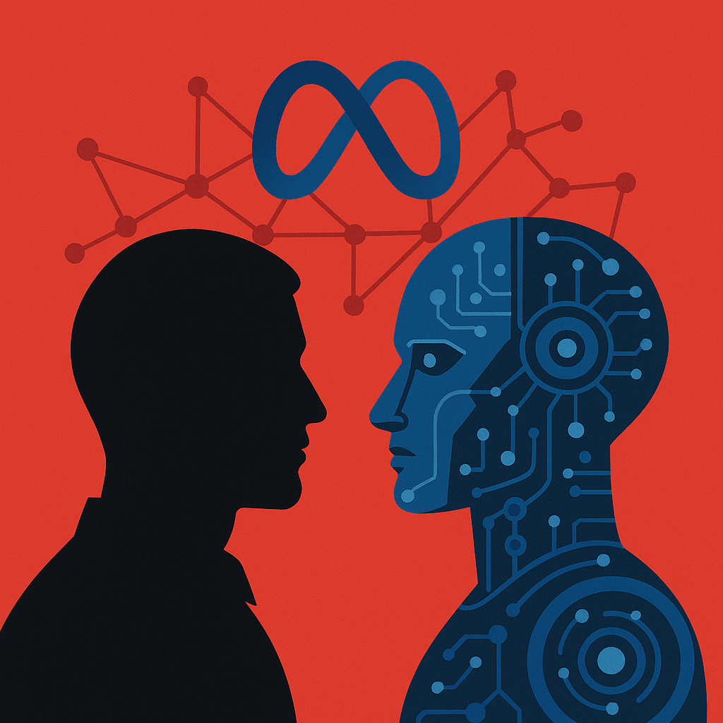 A human silhouette faces a robotic head beneath Meta’s infinity-loop logo and a network of data nodes.