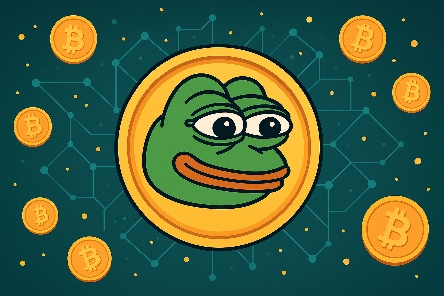 A vibrant frog-themed crypto coin surrounded by Bitcoin icons and blockchain nodes on a digital teal background.