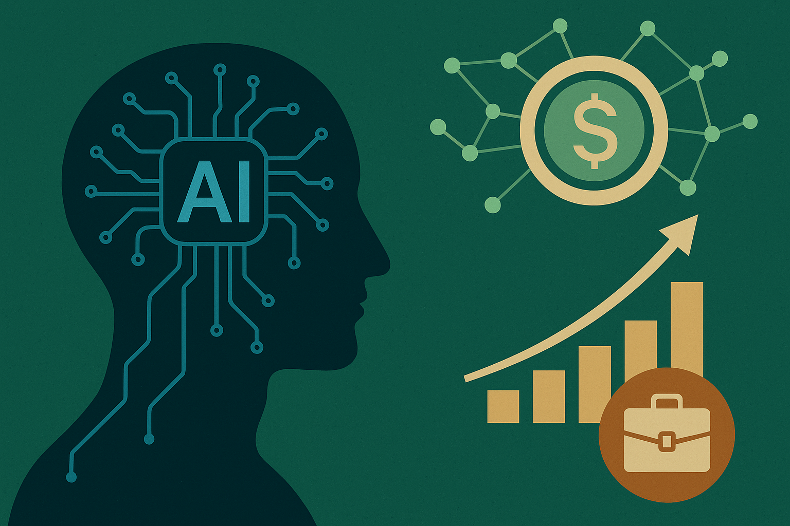 A human head with AI circuitry faces symbols of finance, growth, and private equity on a green digital background.