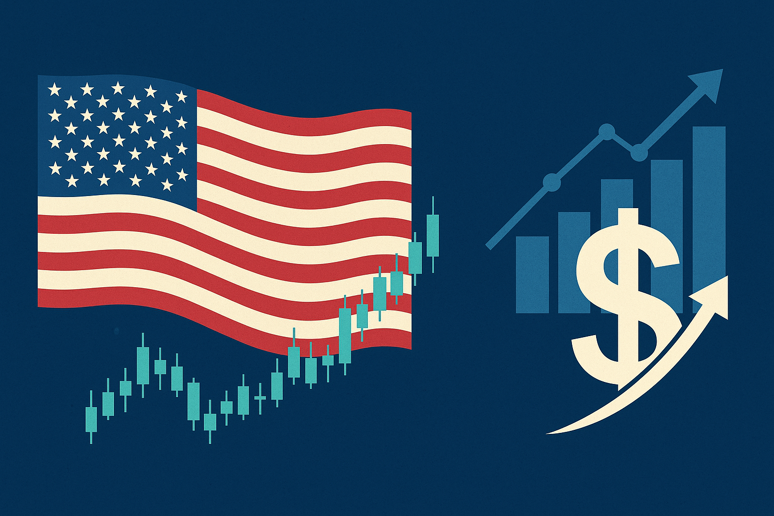 U.S. flag beside rising candlestick chart and dollar symbol with an upward arrow on a deep blue background.