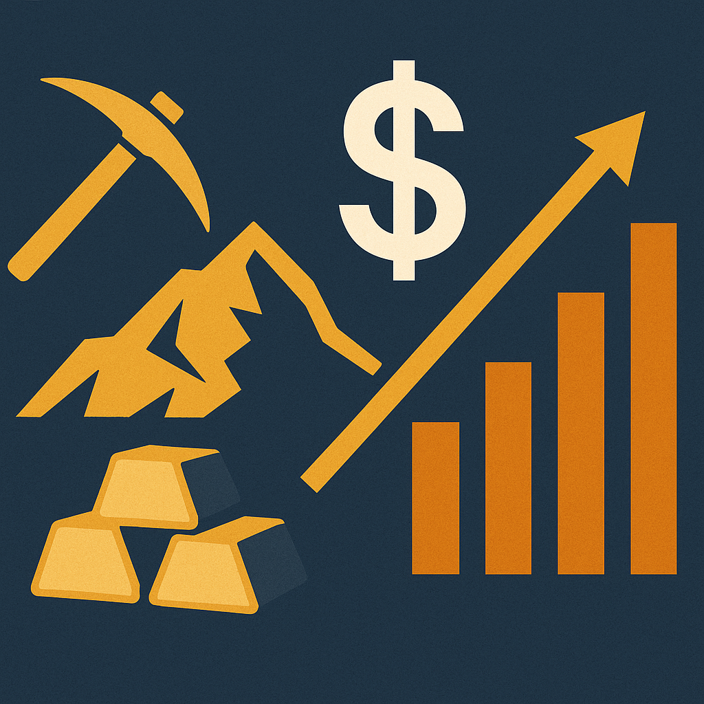 A pickaxe, mountain, gold bars, dollar sign, and rising bar chart symbolizing mining finance on a dark blue background.