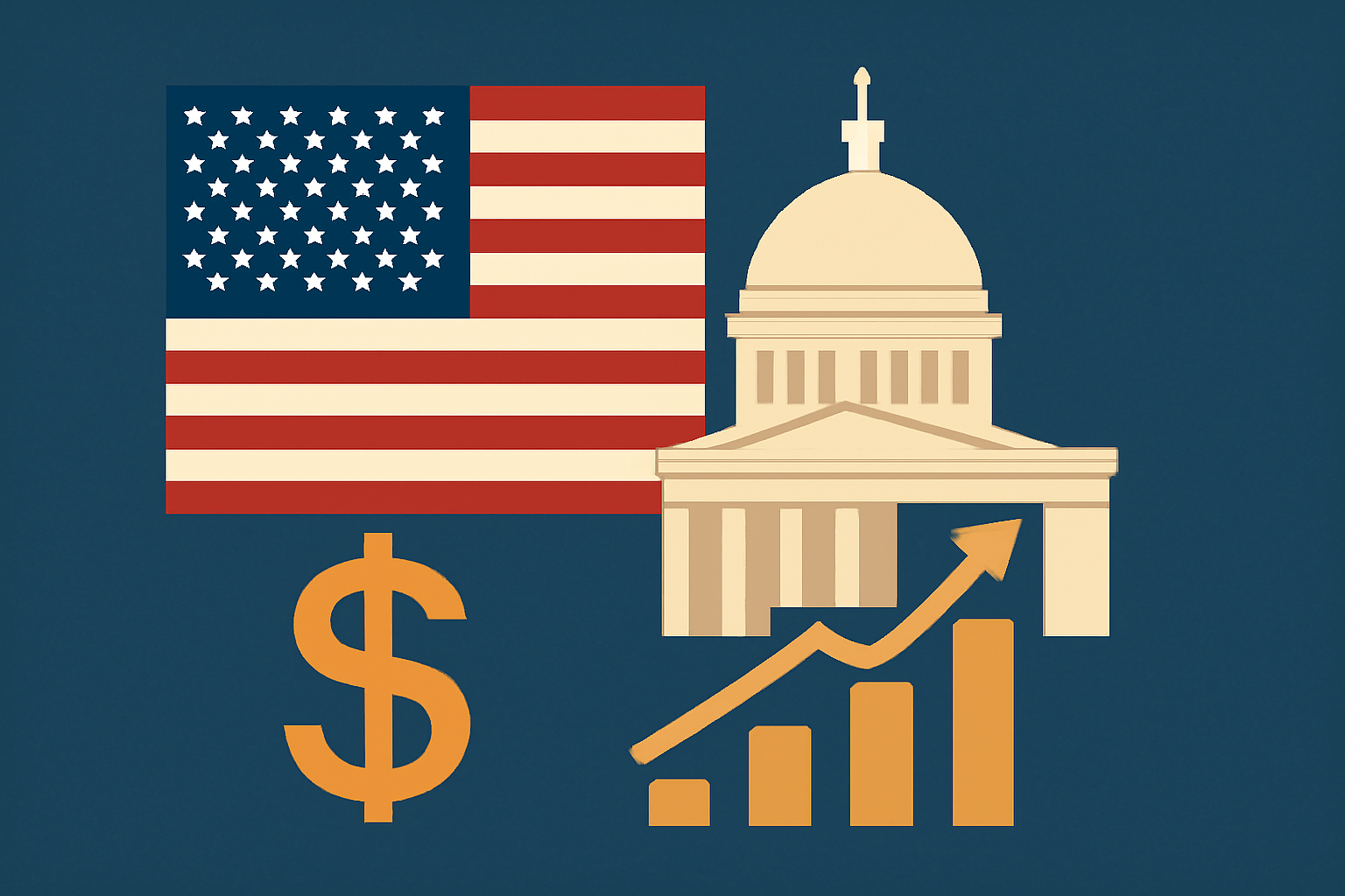 U.S. flag, government building, dollar sign, and rising bar chart symbolizing fiscal policy and economic growth.