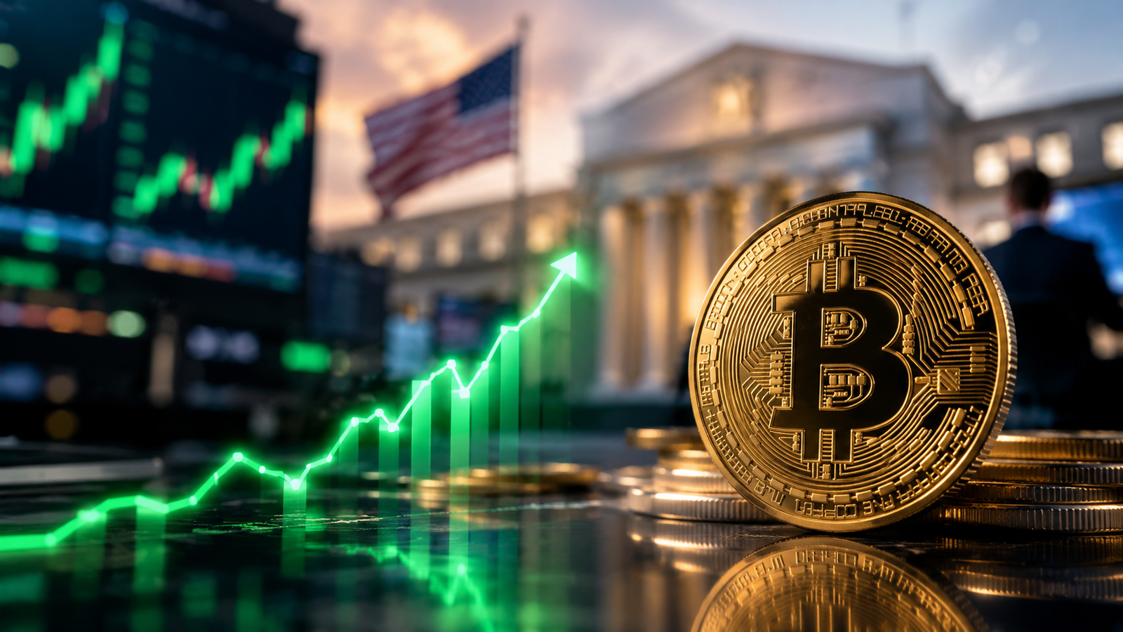 Photorealistic Bitcoin coin beside a glowing upward market chart with U.S. financial institutions blurred in the background.