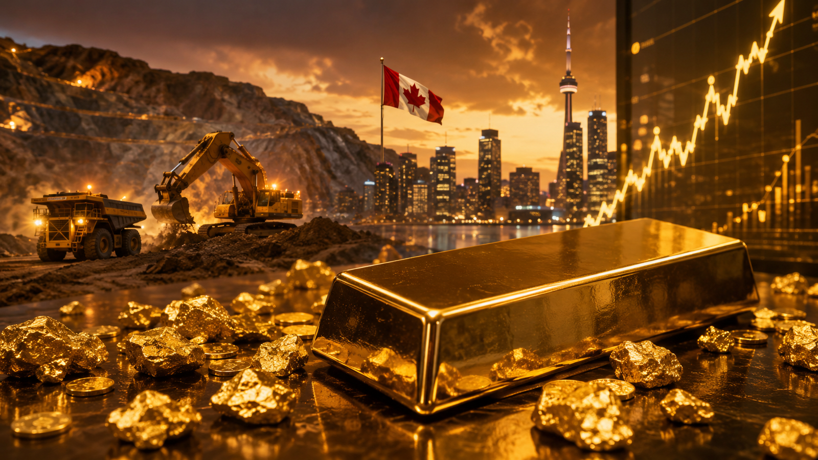 Photorealistic gold bar and gold nuggets with mining equipment, a Canadian market backdrop, and a glowing upward financial chart.