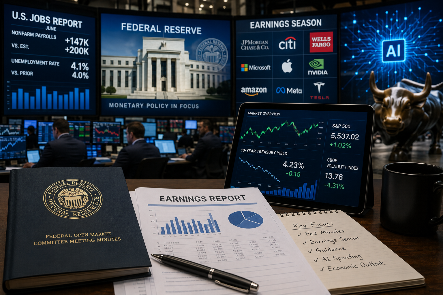 A photorealistic Wall Street trading desk with Federal Reserve materials, earnings reports, market charts, and AI-themed visuals representing investor focus after weak jobs data.