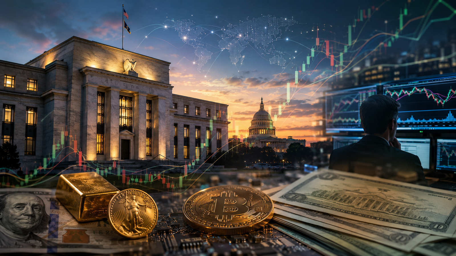 A photorealistic financial news image showing the Federal Reserve building, Washington skyline, market charts, dollar notes, gold, and cryptocurrency symbols representing monetary policy expectations moving global assets.