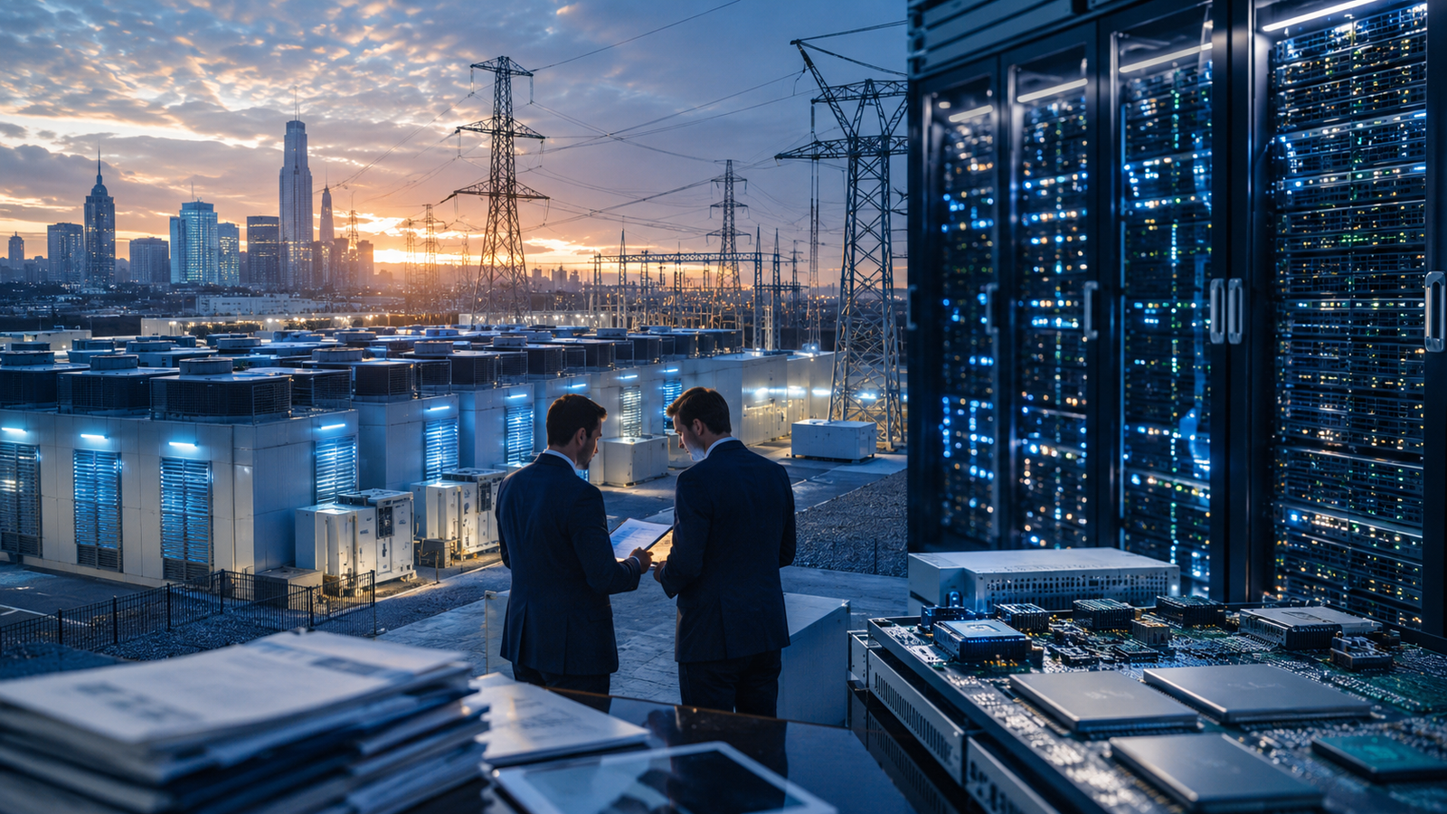 Photorealistic data center with server racks, power grid infrastructure, semiconductor hardware, and business professionals reviewing investment plans.