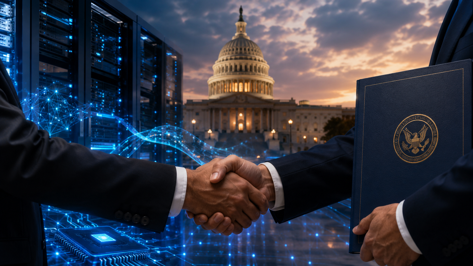 A photorealistic image showing a handshake between government and technology representatives, with the U.S. Capitol, data servers, neural network visuals, and advanced chip imagery symbolizing AI oversight and strategic partnership.