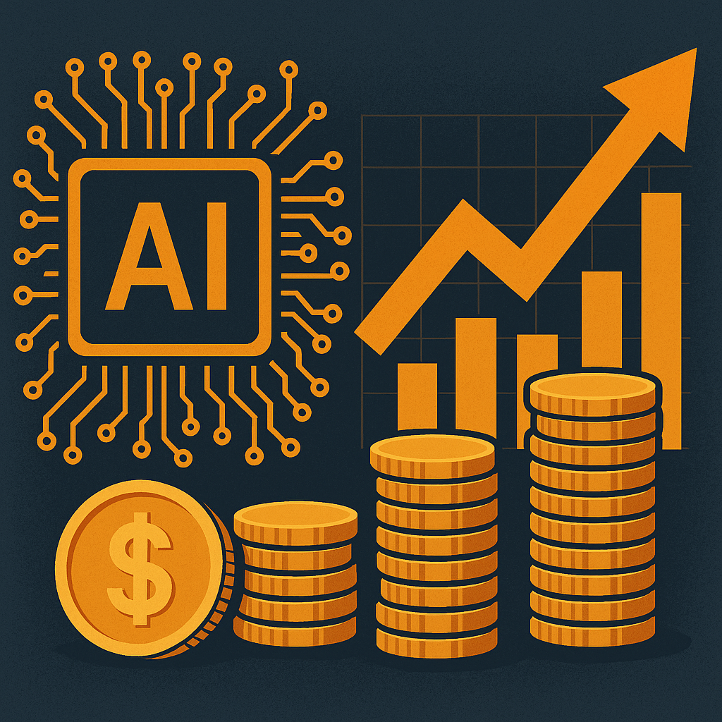 Illustration showing an AI chip with circuit lines, stacks of gold coins, bar charts, and an upward arrow symbolizing financial growth driven by artificial intelligence.