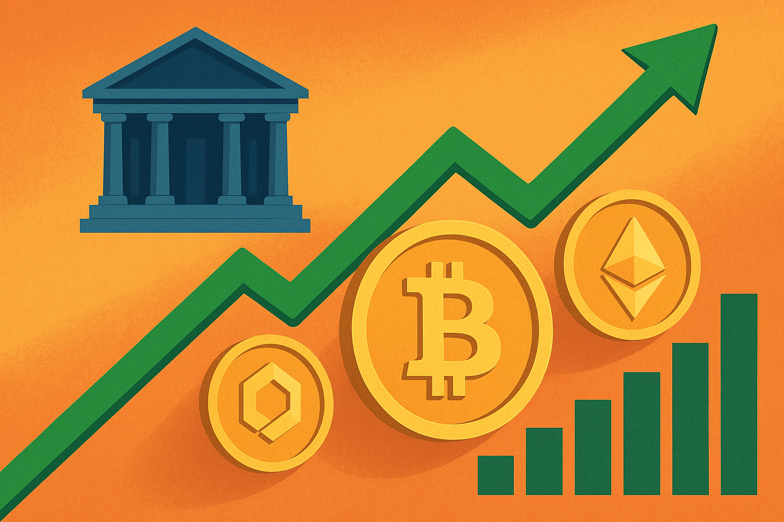 Illustration of Bitcoin and altcoins rising alongside a green arrow, a government building, and a bar chart on an orange background.