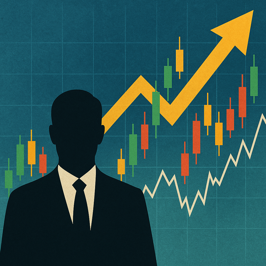 Silhouette of a suited figure in front of upward stock market charts, candlestick graphs, and a large yellow arrow symbolizing financial growth.