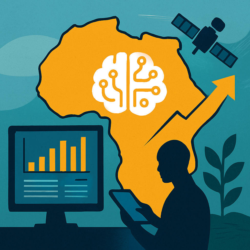 Digital illustration of Africa glowing with AI circuits, data streams, and satellite imagery, symbolizing technological investment and innovation.
