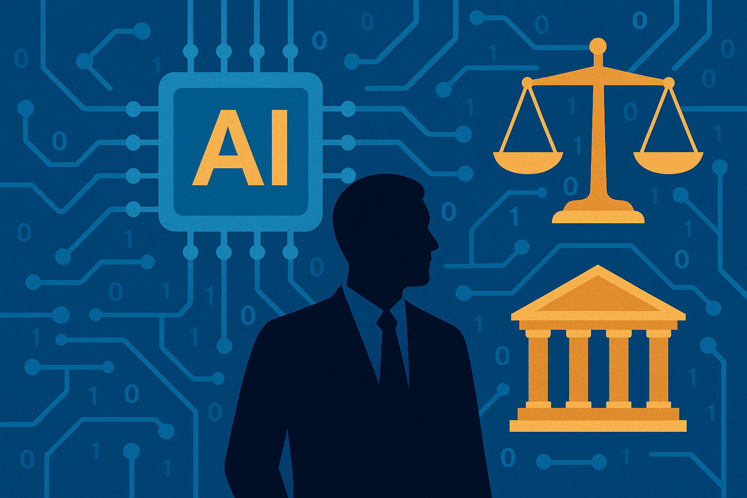 Illustration of a silhouetted man in a suit surrounded by icons representing AI, justice, and government, overlaid on a digital circuit background.