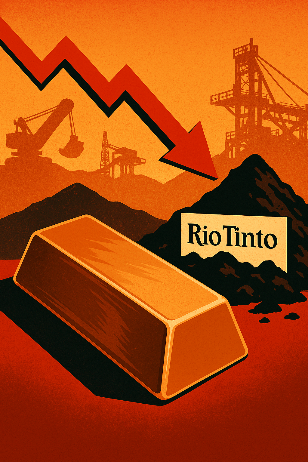 Illustration of a copper ingot and Rio Tinto logo with a red downward arrow and mining infrastructure in the background, symbolizing earnings decline.