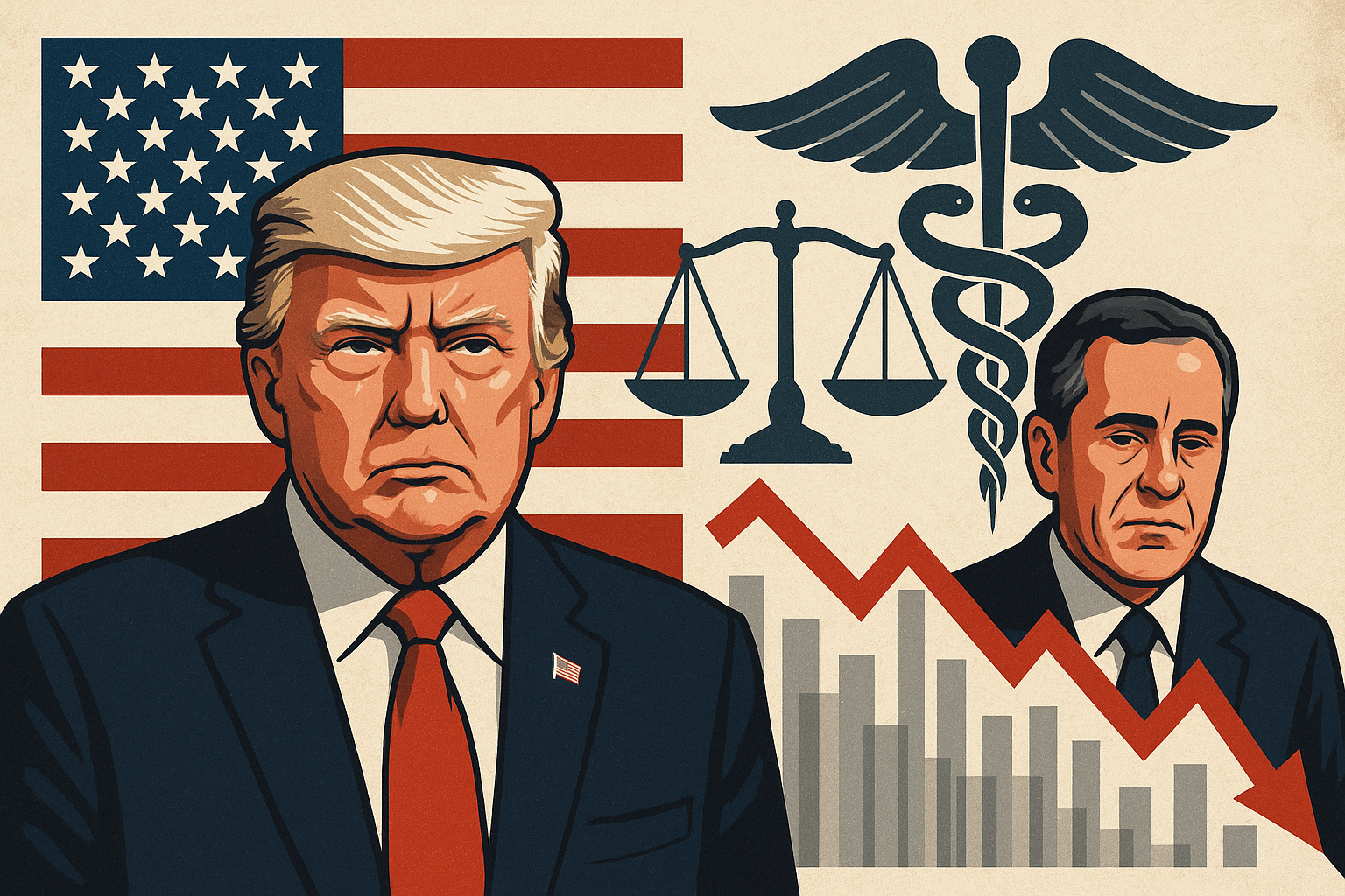Illustration of Donald Trump in front of an American flag, juxtaposed with healthcare and legal symbols, a financial downturn graph, and a serious-looking man representing institutional impact.