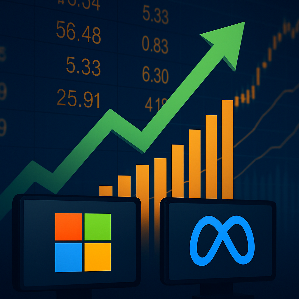 Illustration showing Microsoft and Meta logos on screens with rising bar chart and green upward arrow indicating stock market growth