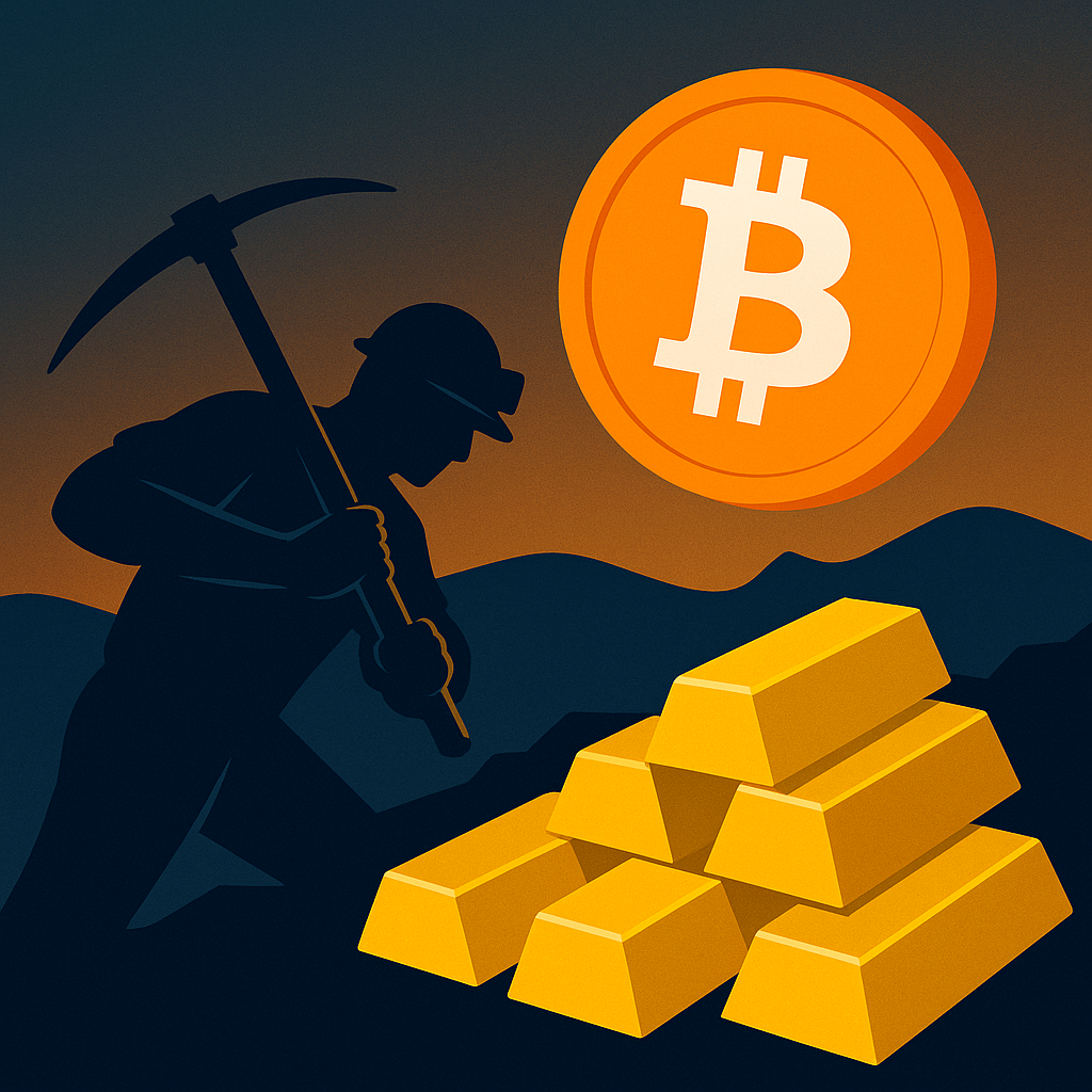 Illustration showing a gold miner with a pickaxe beside gold bars and a large Bitcoin coin, symbolizing the convergence of traditional mining and digital assets