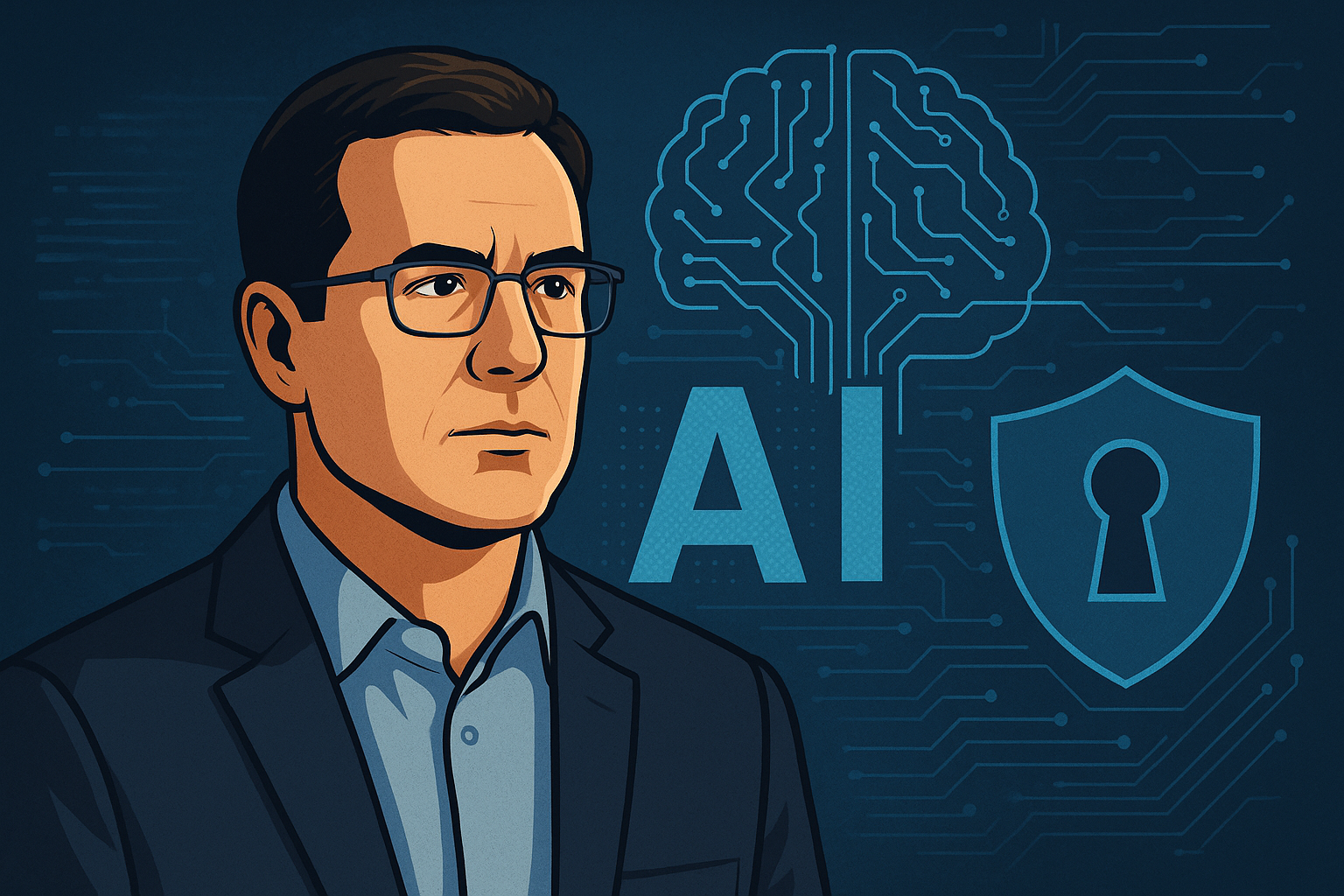 Illustration of a serious business executive wearing glasses, with AI, a digital brain, and a cybersecurity shield icon in the background, symbolizing artificial intelligence governance and data ethics.
