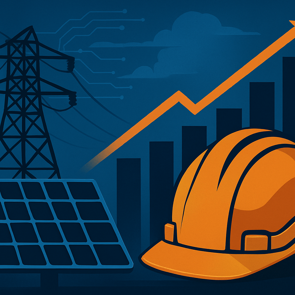 Illustration of a transmission tower, solar panel, construction hard hat, and upward-trending chart symbolizing growth in the energy infrastructure sector