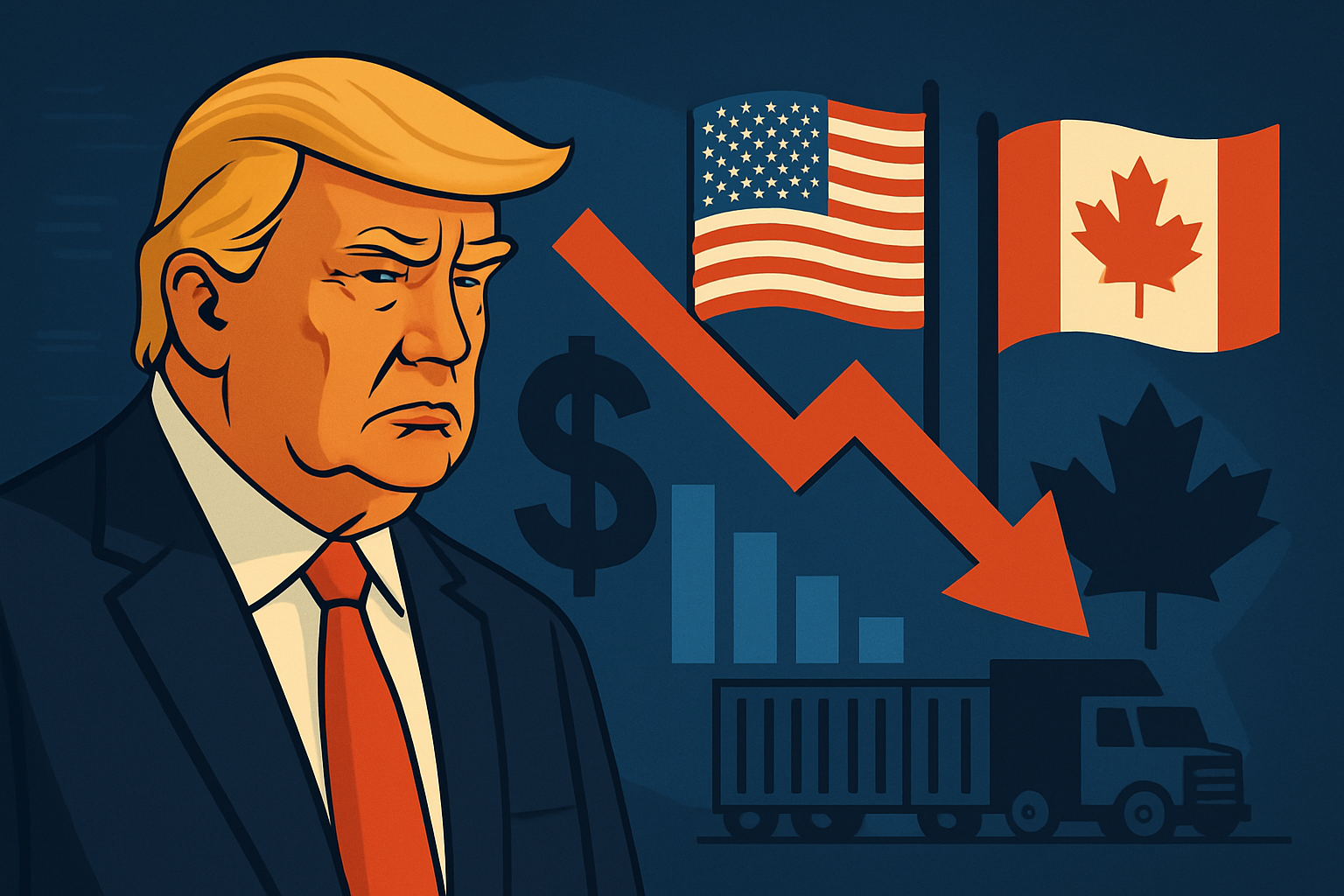 An illustrated representation of trade conflict between the U.S. and Canada, showing symbolic barriers and disrupted commerce icons.