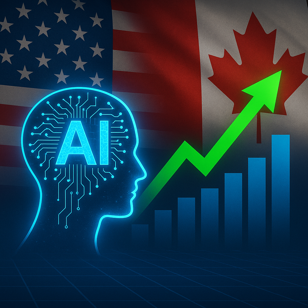 Digital illustration showing a glowing AI profile, a rising green arrow over bar charts, and the U.S. and Canadian flags in the background.